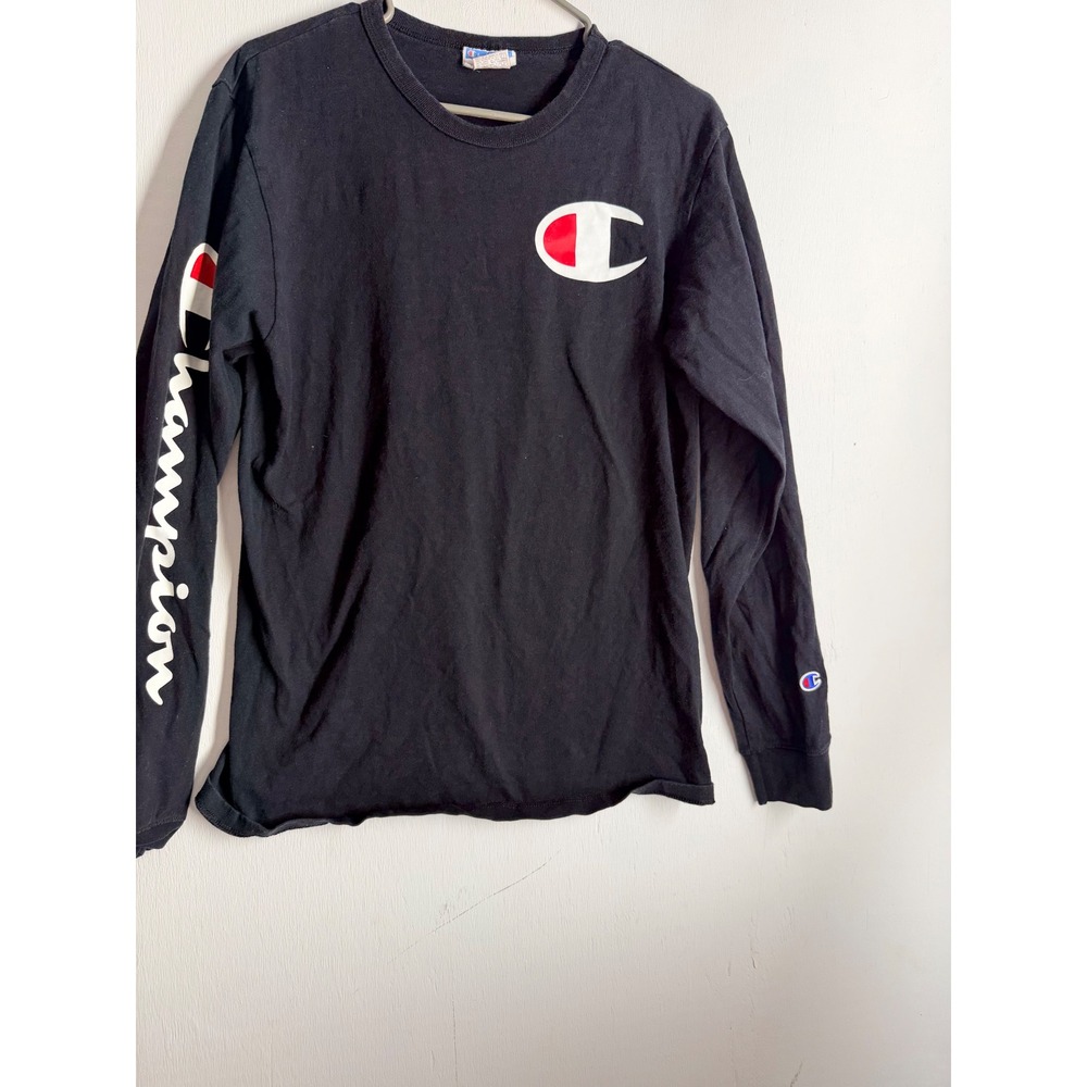 Champion Long Sleeve Graphic T-Shirt Black Big C Logo Script Sleeve Mens Medium - Picture 3 of 6